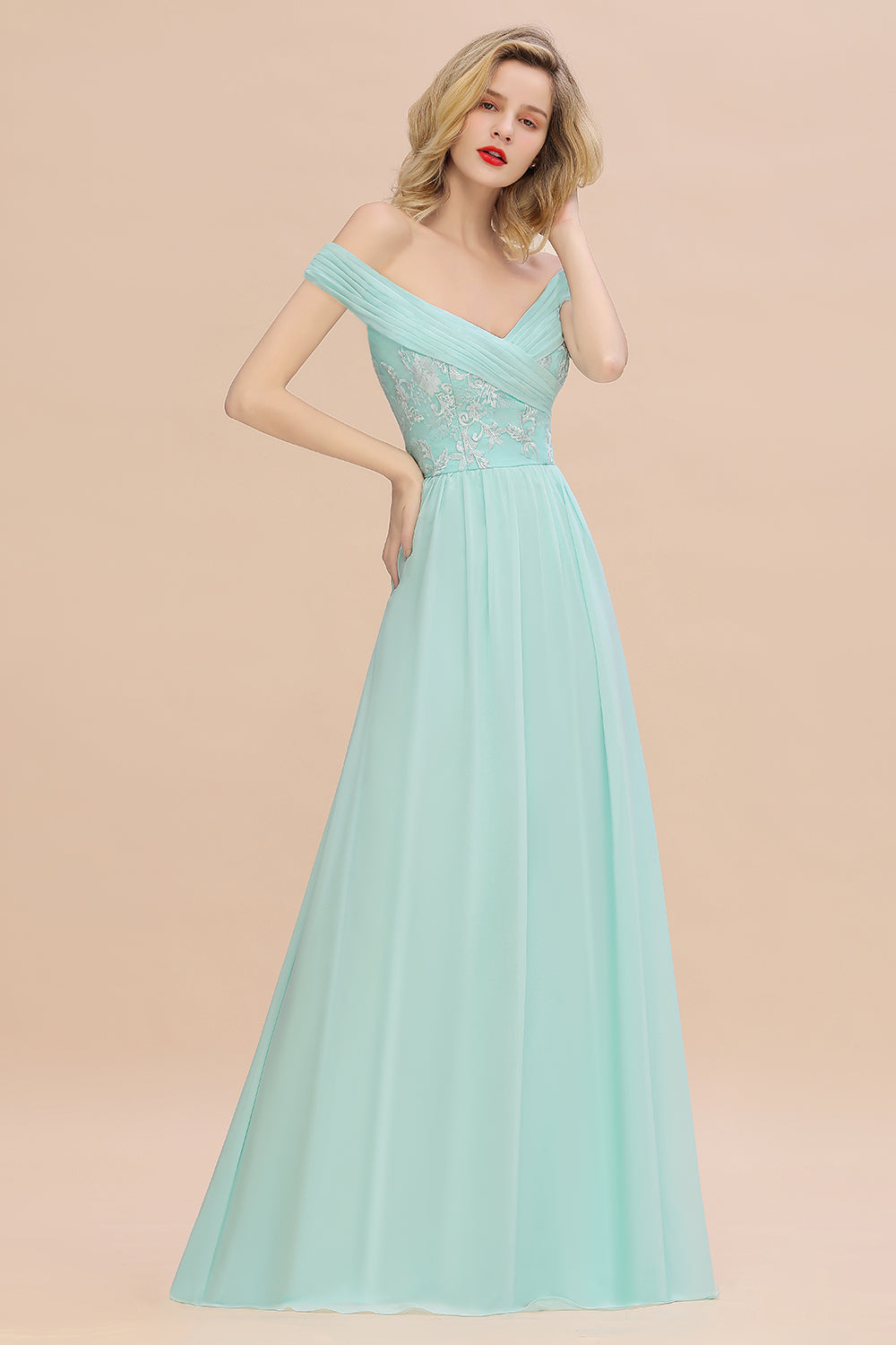 Simple Long A-line Ruffles Off-the-shoulder Bridesmaid Dress with Appliques Lace-BIZTUNNEL