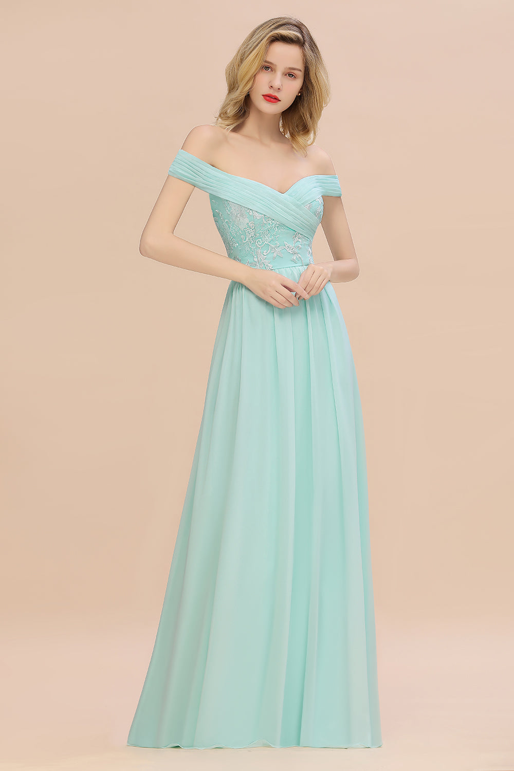 Simple Long A-line Ruffles Off-the-shoulder Bridesmaid Dress with Appliques Lace-BIZTUNNEL