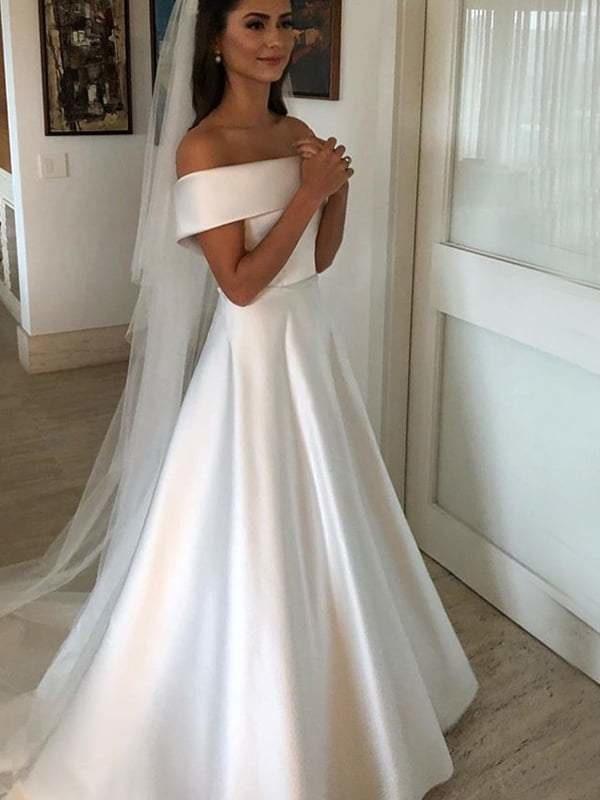Simple Long A Line Satin Off The Shoulder Wedding Dresses-BIZTUNNEL