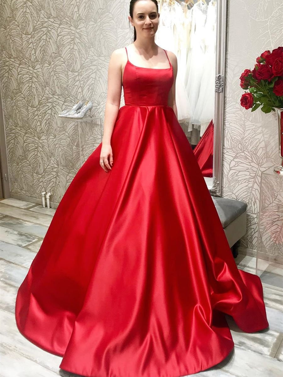 Load image into Gallery viewer, Simple Long A-line Spaghetti Straps Backless Satin Prom Formal Graduation Dresses-BIZTUNNEL
