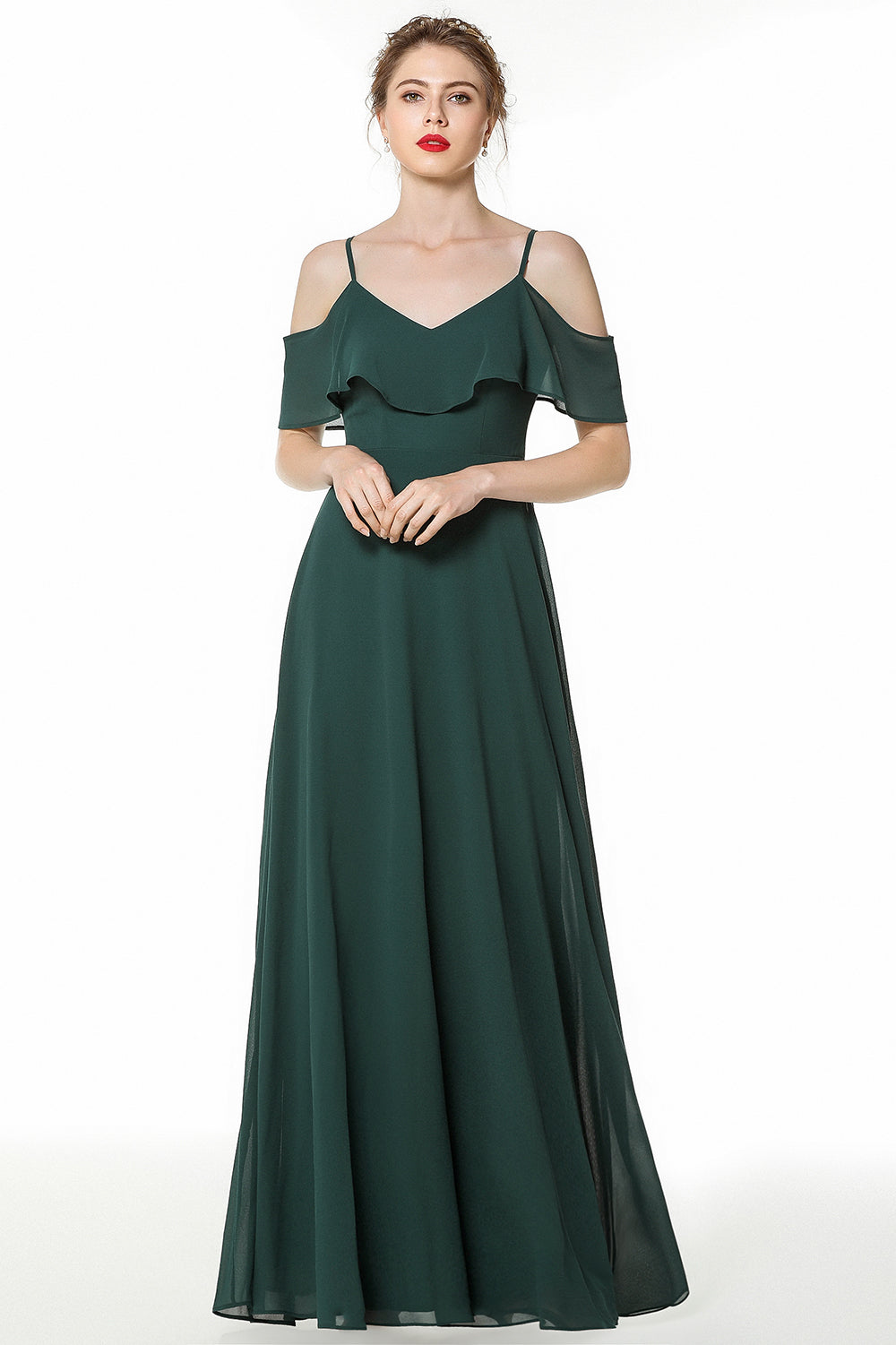 Simple Long A-line Spaghetti Straps Open Back Bridesmaid Dress with Sleeves-BIZTUNNEL