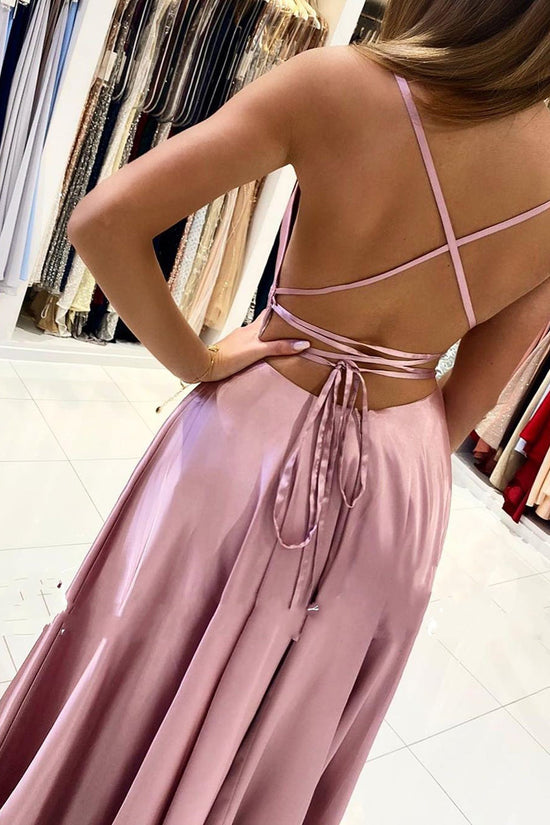 Simple Long A-line Spaghetti Straps Open Back Prom Dress with Slit-BIZTUNNEL
