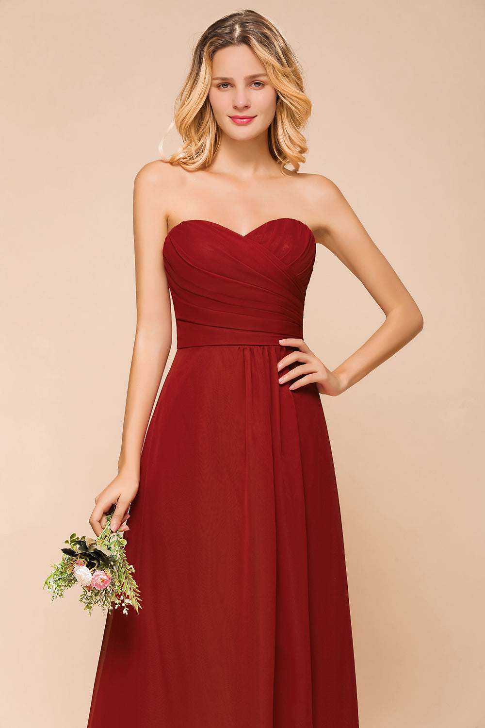 Simple Long A-Line Strapless Chiffon Backless Bridesmaid Dress With Ruched-BIZTUNNEL