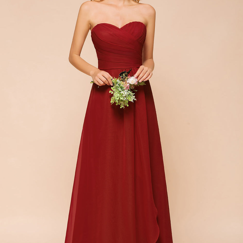 Simple Long A-Line Strapless Chiffon Backless Bridesmaid Dress With Ruched Simple Long A-Line Strapless Chiffon Backless Bridesmaid Dress With Ruched
