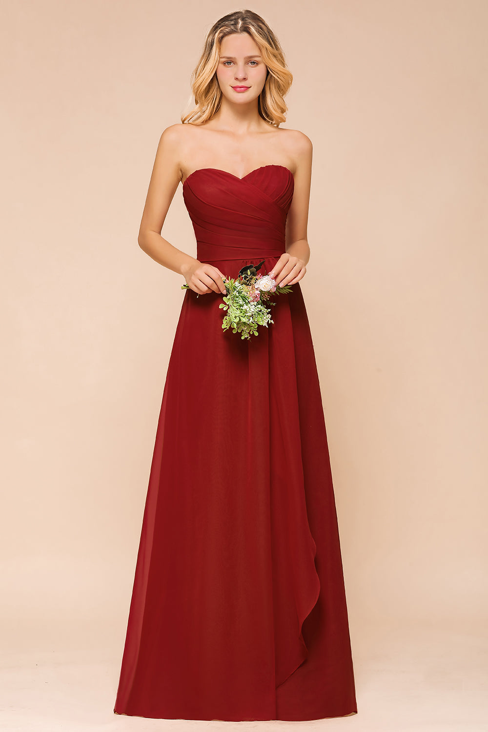 Simple Long A-Line Strapless Chiffon Backless Bridesmaid Dress With Ruched-BIZTUNNEL