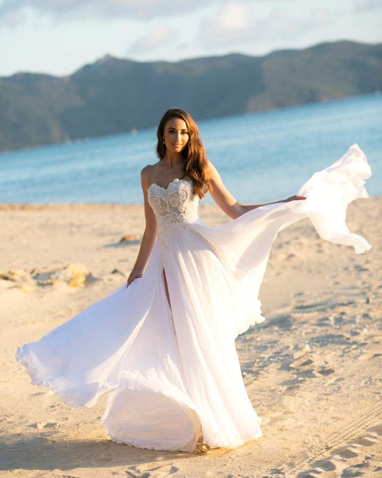Simple Long A-line Sweetheart Chiffon Appliques Lace Wedding Dress-BIZTUNNEL