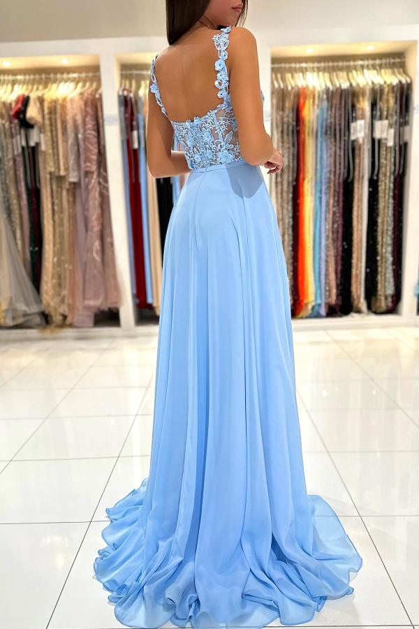 Simple Long A-line Sweetheart Chiffon Lace Backless Prom Dress with Slit-BIZTUNNEL