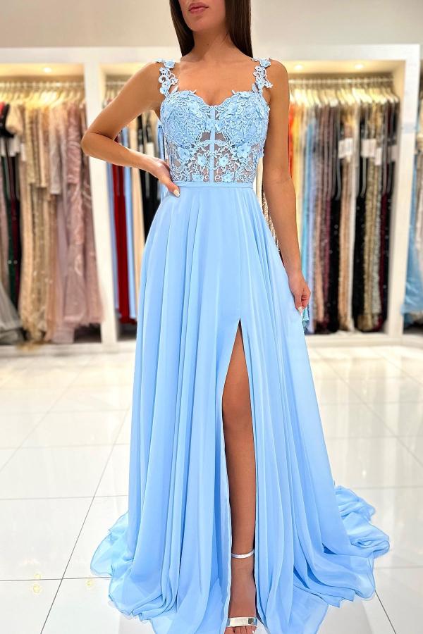 Simple Long A-line Sweetheart Chiffon Lace Backless Prom Dress with Slit-BIZTUNNEL