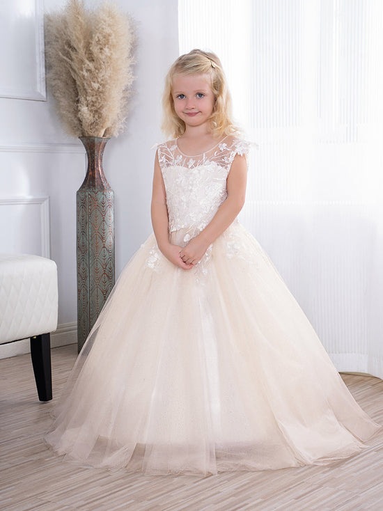Load image into Gallery viewer, Simple Long A-line Tulle Flower Girl Dresses with Appliques Lace-BIZTUNNEL
