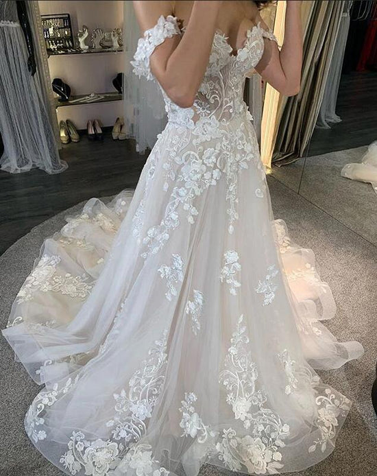 Simple Long A-line Tulle Off-the-Shoulder Lace Appliques Wedding Dress-BIZTUNNEL