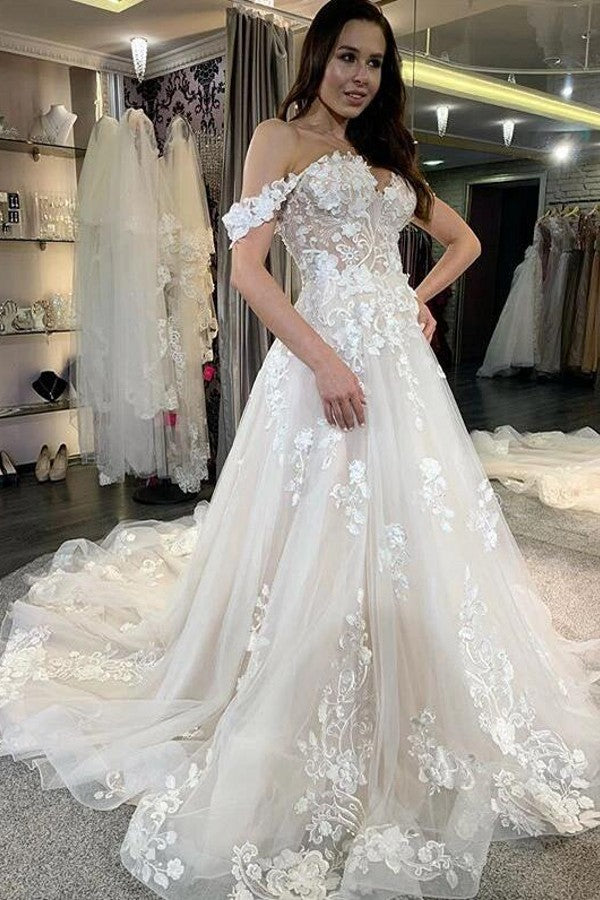 Simple Long A-line Tulle Off-the-Shoulder Lace Appliques Wedding Dress-BIZTUNNEL