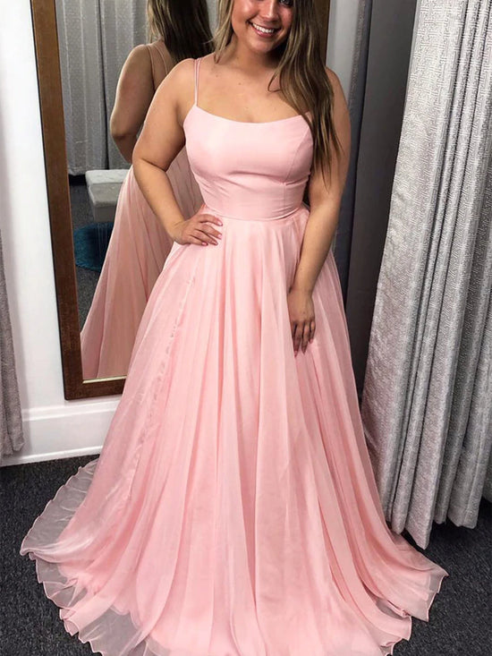 Simple Long A-line Tulle Prom Dress Pink Formal Graduation Evening Dresses-BIZTUNNEL