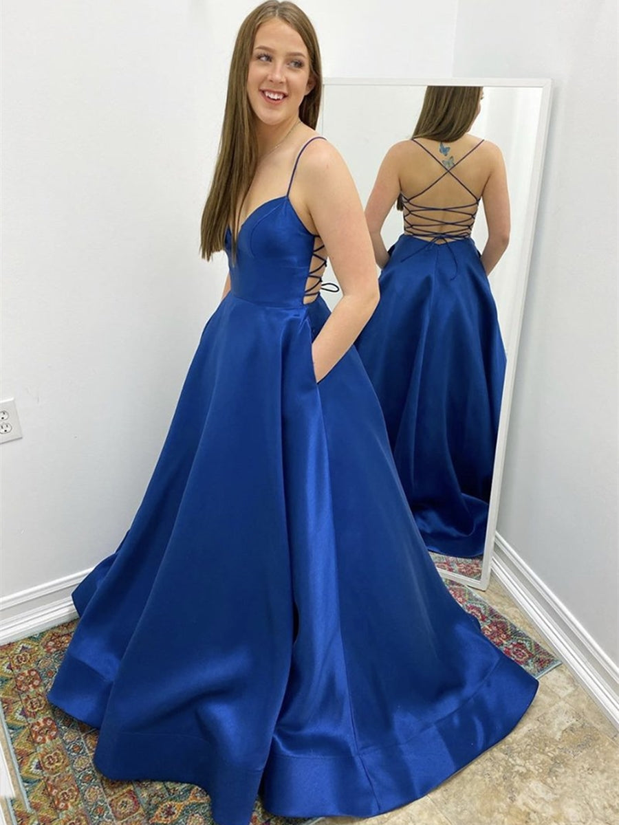 Simple Long A-line V Neck Backless Satin Formal Prom Dresses with Pockets-BIZTUNNEL