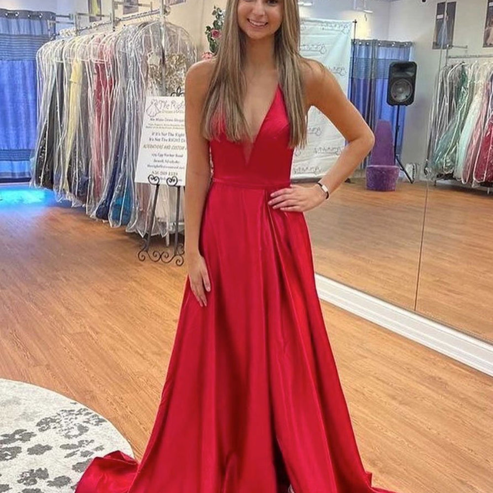 Simple Long A-line V Neck Backless Satin Graduation Prom Dresses with BIZTUNNEL Simple Long A-line V Neck Backless Satin Graduation Prom Dresses with BIZTUNNEL