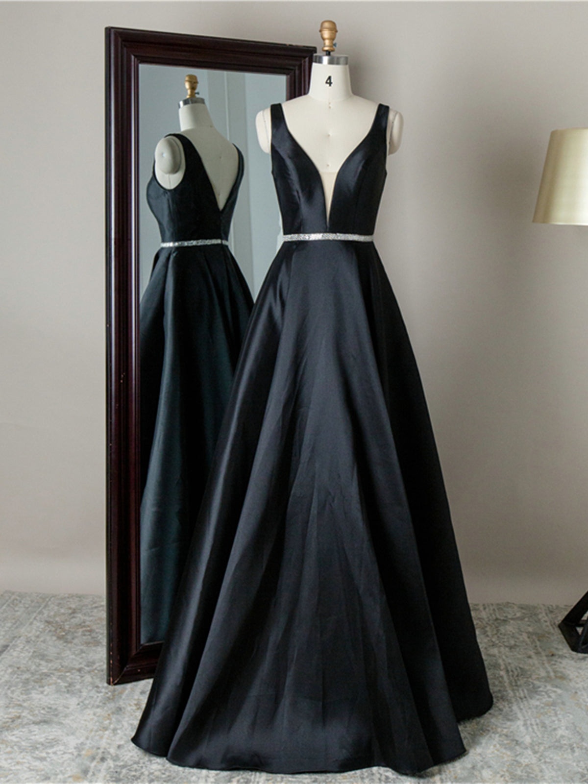 Simple Long A-line V-neck Backless Satin Prom Dress Black Formal Graduation Evening Dresses-BIZTUNNEL