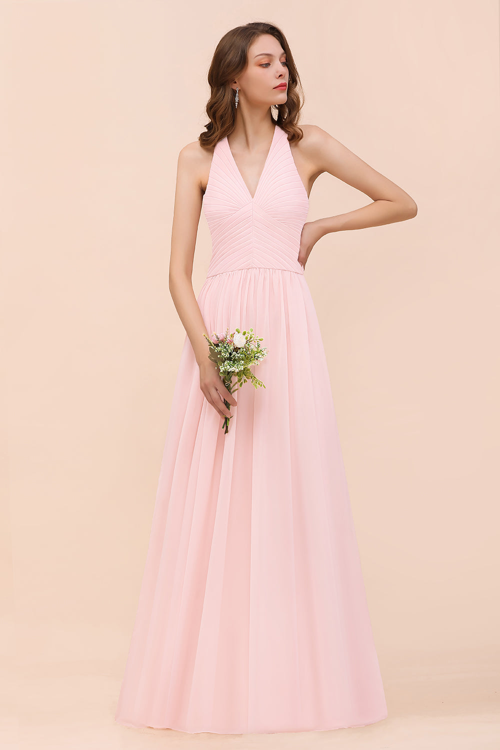 Simple Long A-Line V-Neck Pink Bridesmaid Dress Chiffon Wedding Guest Dress Simple Long A-Line V-Neck Pink Bridesmaid Dress Chiffon Wedding Guest Dress