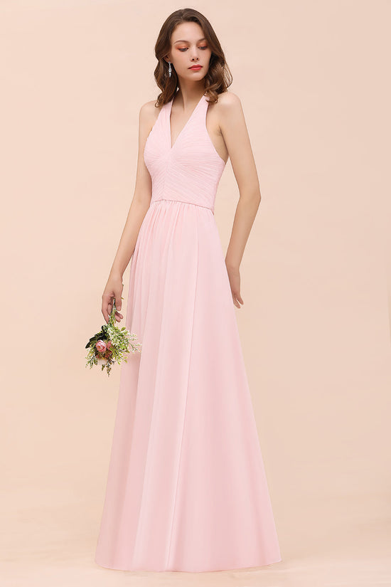 Load image into Gallery viewer, Simple Long A-line V-Neck Pink Bridesmaid Dress Chiffon Wedding Guest Dress-BIZTUNNEL
