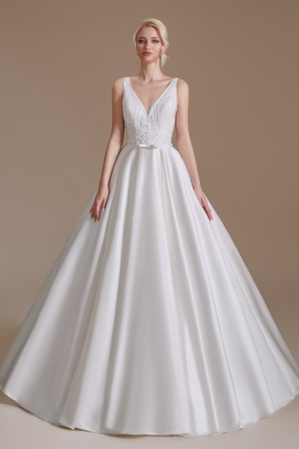 Laden Sie das Bild in den Galerie-Viewer, Simple Long A-line V-neck Satin Wedding Dress with Appliques Lace-BIZTUNNEL
