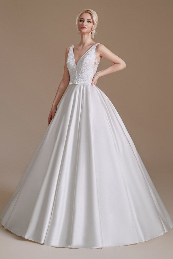 Carregar imagem no visualizador da galeria, Simple Long A-line V-neck Satin Wedding Dress with Appliques Lace-BIZTUNNEL
