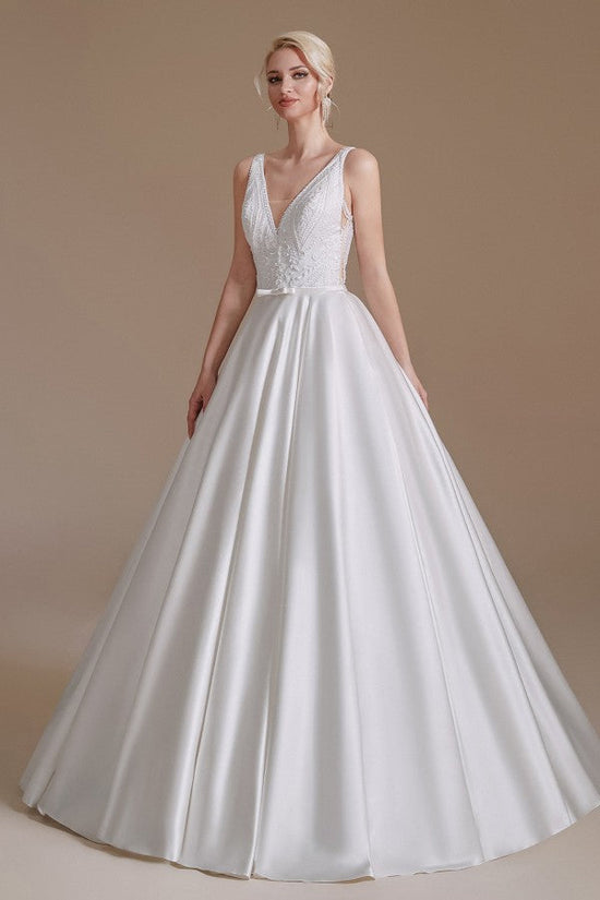 Load image into Gallery viewer, Simple Long A-line V-neck Satin Wedding Dress with Appliques Lace-BIZTUNNEL
