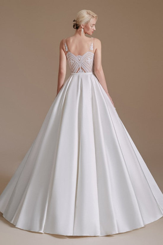 Charger l&amp;#39;image dans la galerie, Simple Long A-line V-neck Satin Wedding Dress with Appliques Lace-BIZTUNNEL
