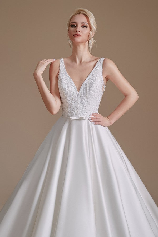 Simple Long A-line V-neck Satin Wedding Dress with Appliques Lace Simple Long A-line V-neck Satin Wedding Dress with Appliques Lace