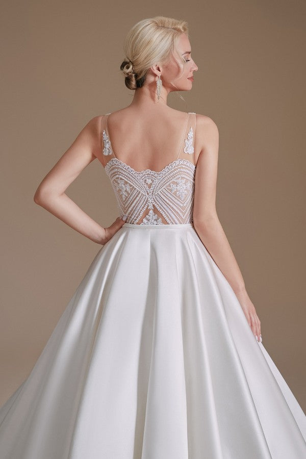 Simple Long A-line V-neck Satin Wedding Dress with Appliques Lace Simple Long A-line V-neck Satin Wedding Dress with Appliques Lace