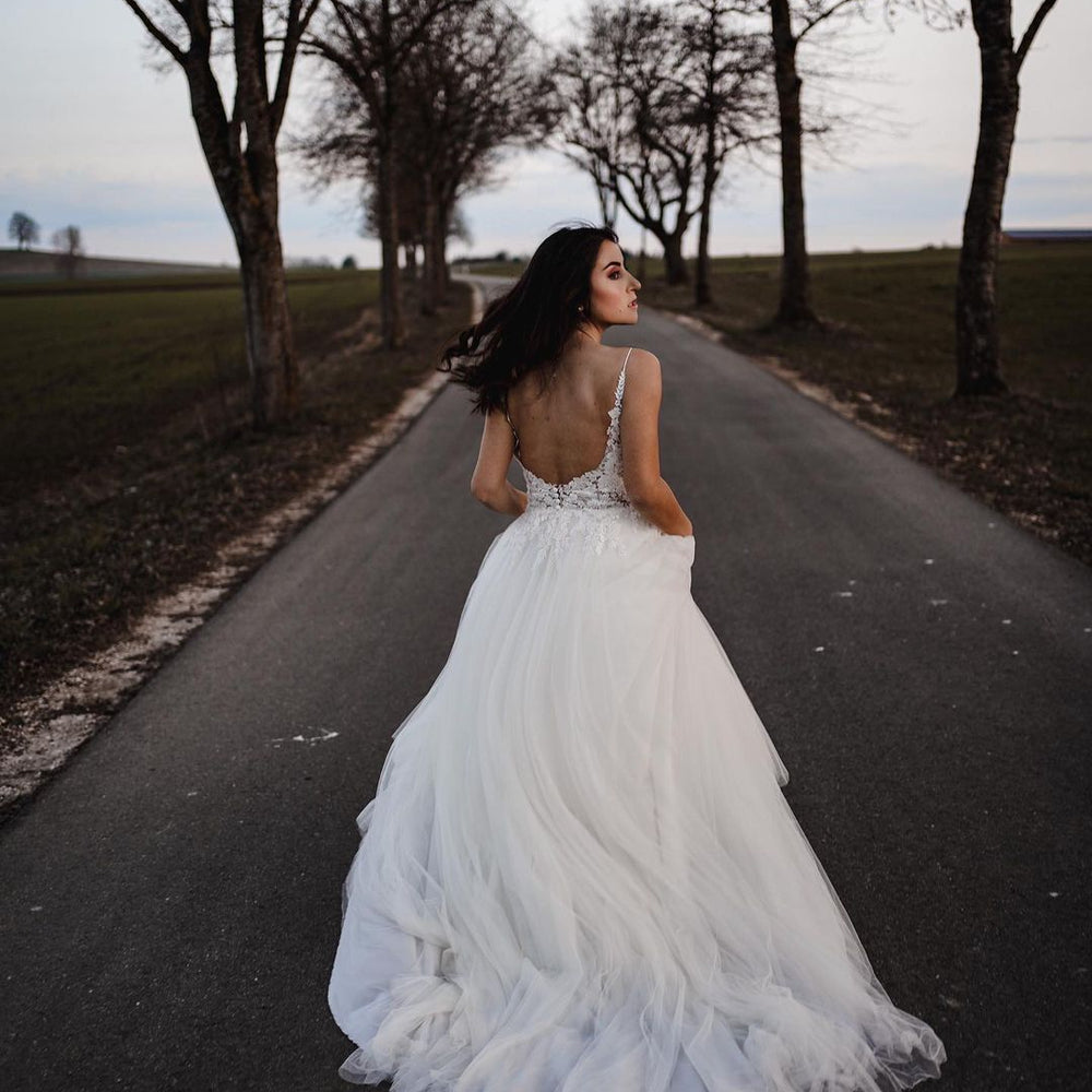Simple Long A-line V-neck Tulle Backless Wedding Dress Simple Long A-line V-neck Tulle Backless Wedding Dress
