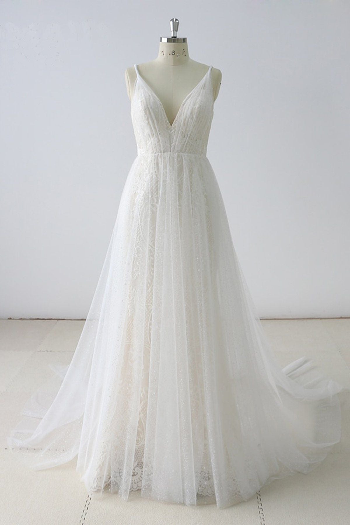 Simple Long A-line V Neck Tulle Wedding Dress – BIZTUNNEL