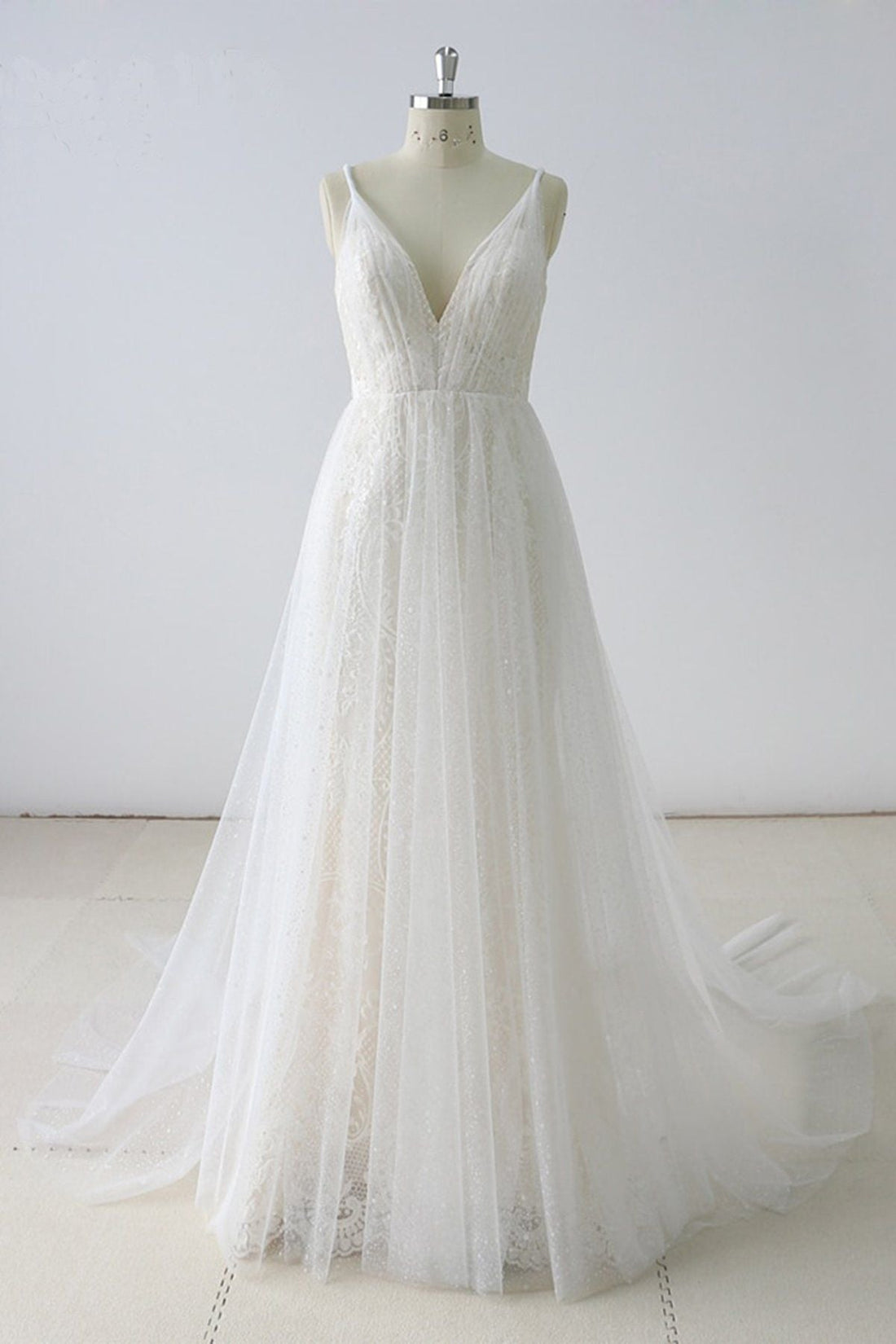Long A-line V Neck Tulle Satin Wedding Dress main image 0