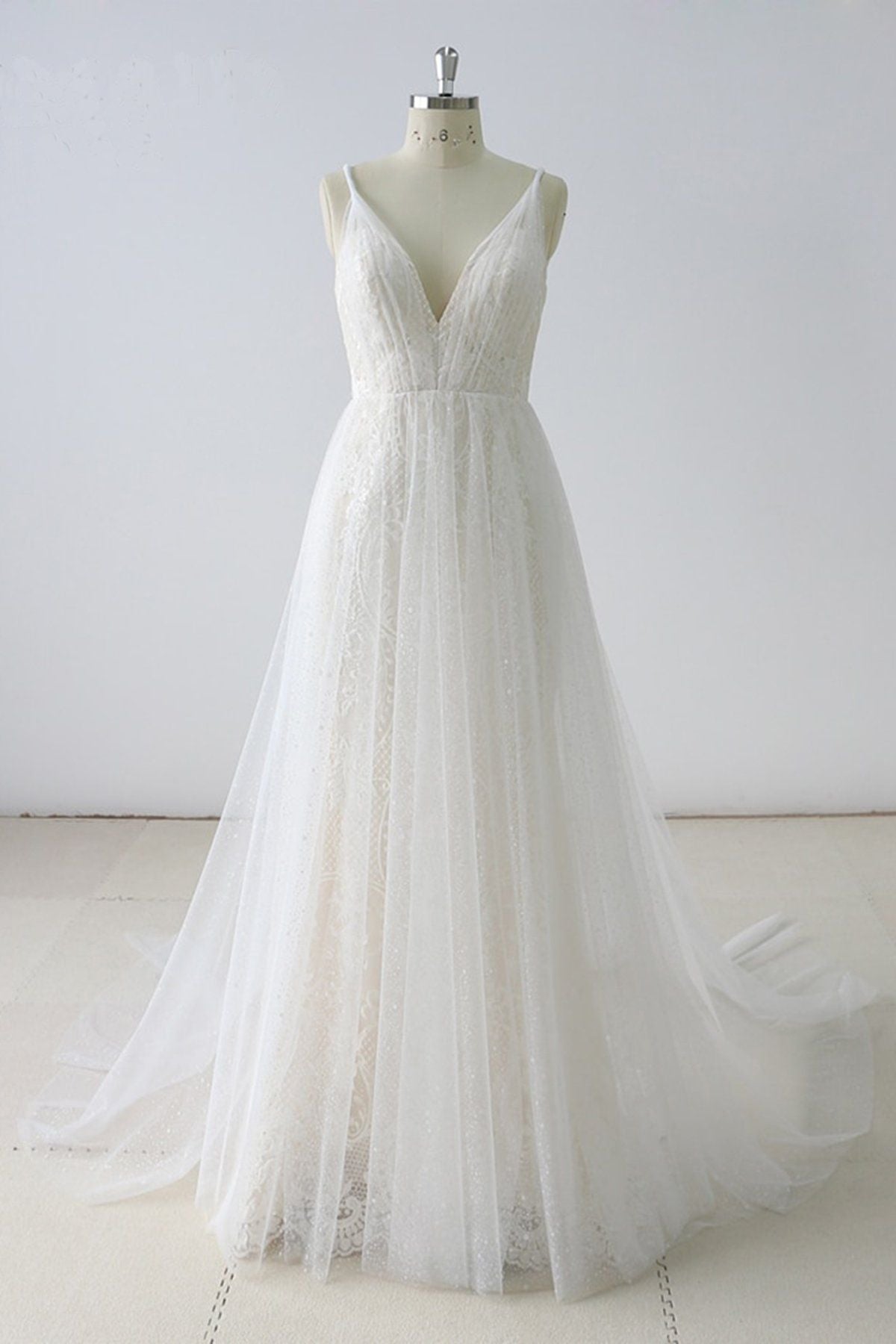 Simple Long A-line V Neck Tulle Wedding Dress-BIZTUNNEL