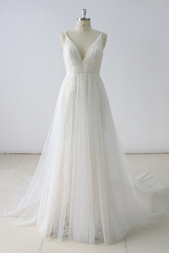 Simple Long A-line V Neck Tulle Wedding Dress-BIZTUNNEL