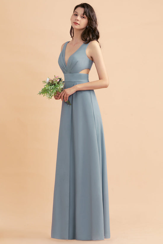 Load image into Gallery viewer, Simple Long A-Line V-neck Wide Straps Chiffon Bridesmaid Dress With Slit-BIZTUNNEL
