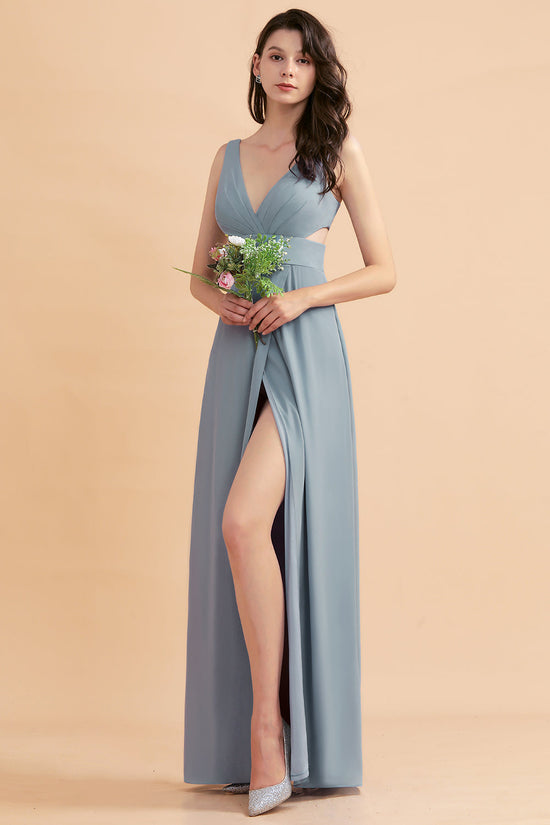 Load image into Gallery viewer, Simple Long A-Line V-neck Wide Straps Chiffon Bridesmaid Dress With Slit-BIZTUNNEL
