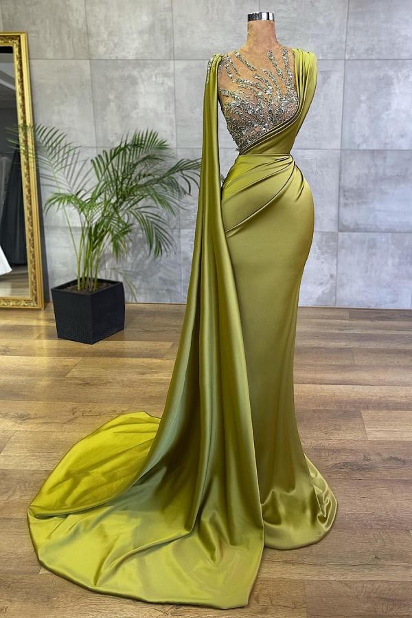 Simple Long Jewel Satin Mermaid Prom Dress-BIZTUNNEL