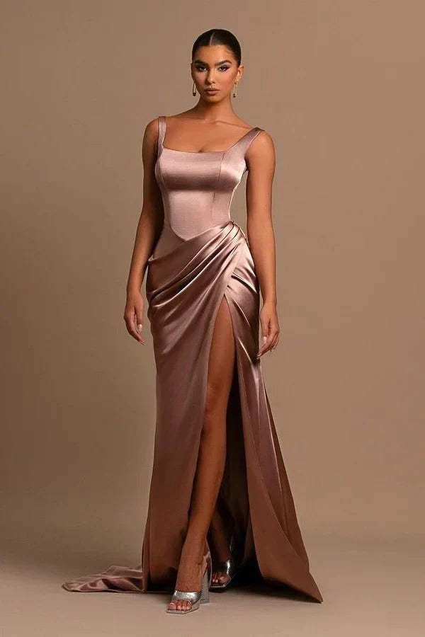 Cargar imagen en el visor de la Galería, Simple Long Mermaid Straps Satin Sleeveless Formal Prom Dress With Slit-BIZTUNNEL
