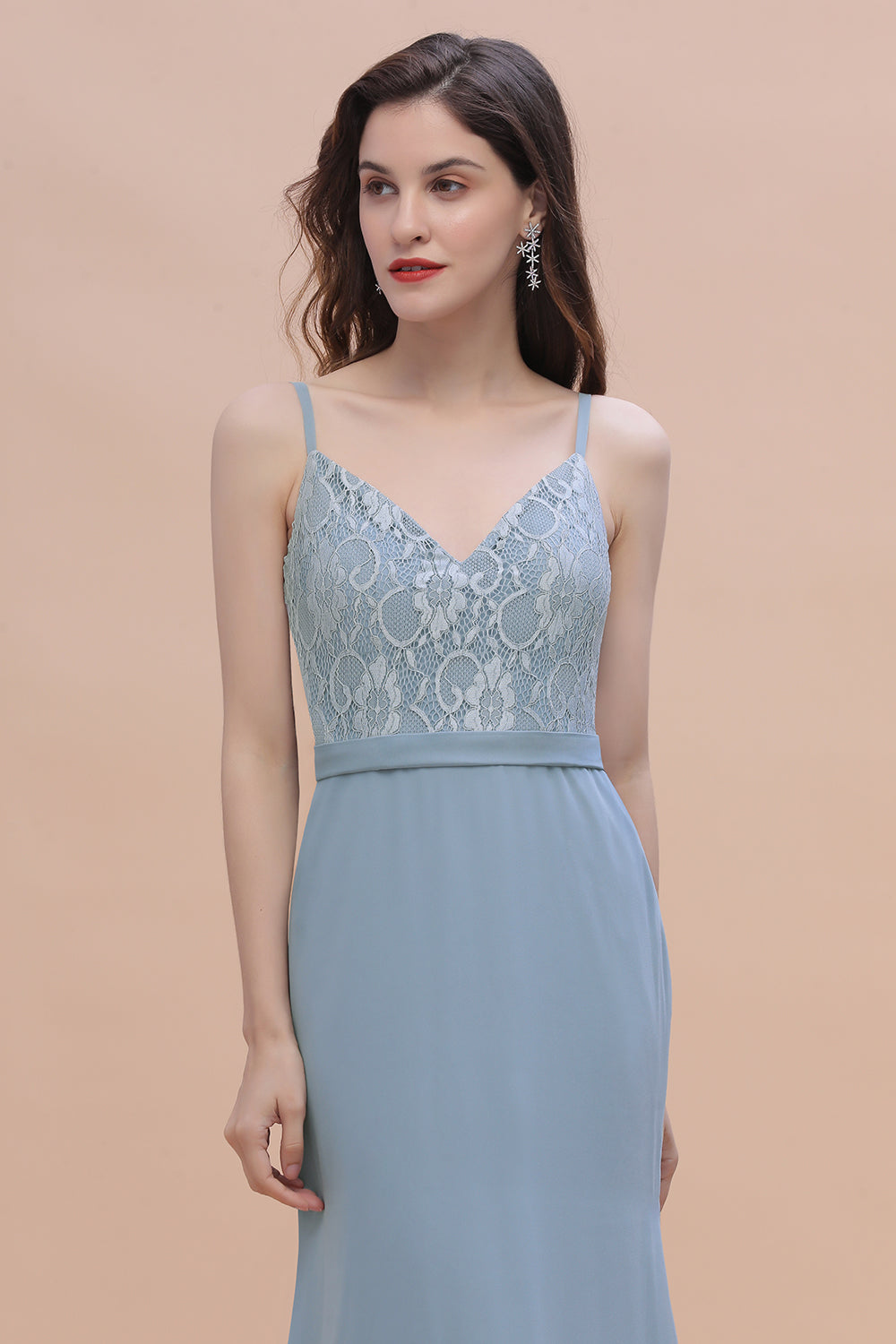 Load image into Gallery viewer, Simple Long Mermaid V-neck Lace Open Back Chiffon Bridesmaid Dress-BIZTUNNEL
