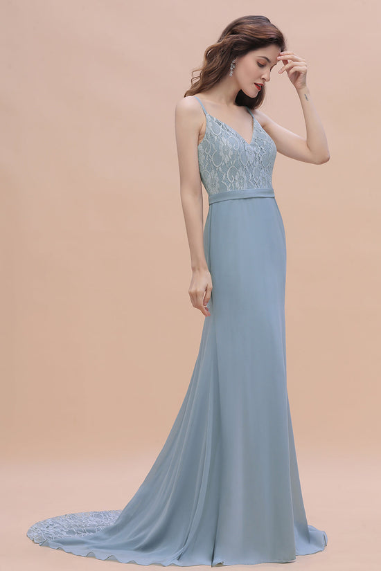 Load image into Gallery viewer, Simple Long Mermaid V-neck Lace Open Back Chiffon Bridesmaid Dress-BIZTUNNEL
