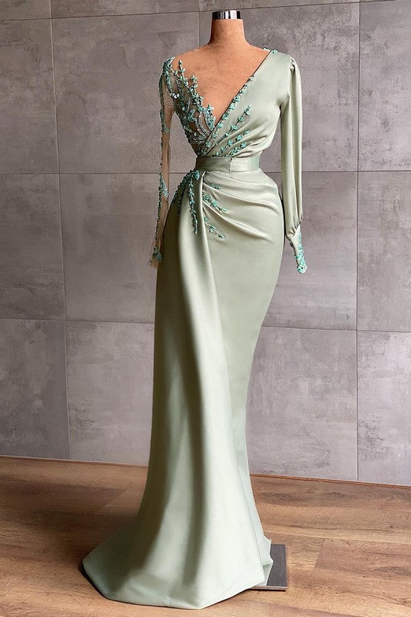 Simple Long Mermaid V-neck Satin Prom Dress with Sleeves-BIZTUNNEL