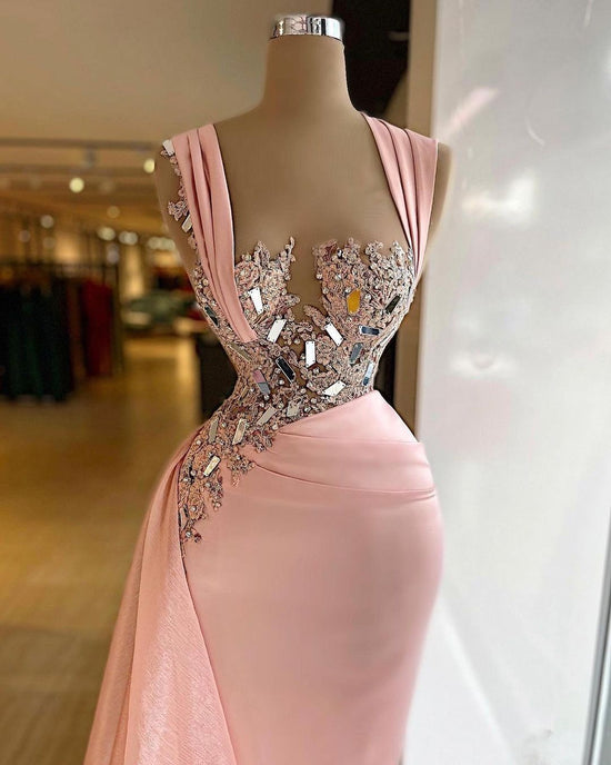 Simple Long Mermaid Wide Straps Crystal Ruffles Chiffon Prom Dress-BIZTUNNEL