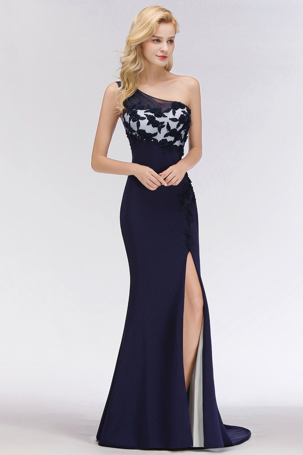 Simple Long One Shoulder Mermaid Bridesmaid Dress with Slit-BIZTUNNEL