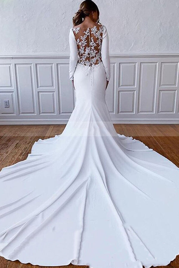 Load image into Gallery viewer, Simple Long Sheath Satin Illusion Lace Back Wedding Dress with Sleeves-BIZTUNNEL
