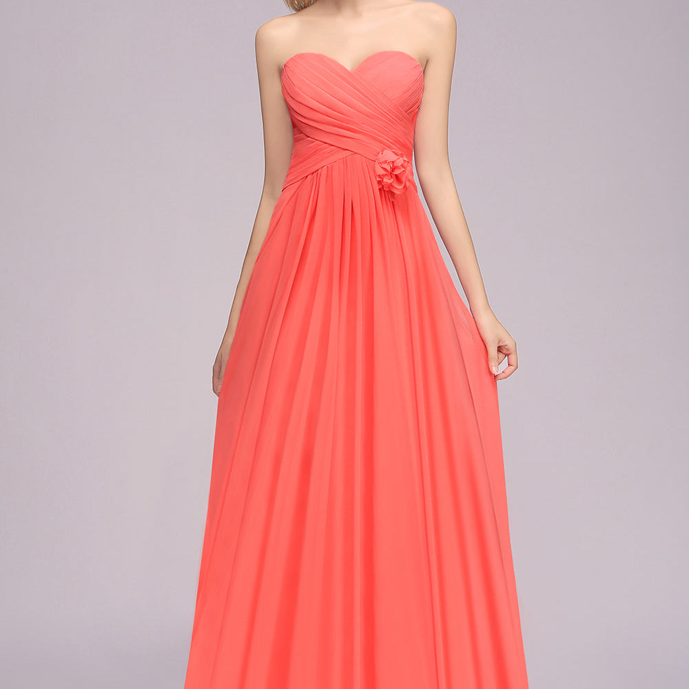 Simple Long Sweetheart Strapless A-line Bridesmaid Dress with Flower