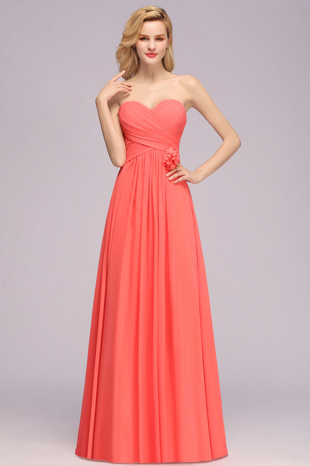 Simple Long Sweetheart Strapless A-line Bridesmaid Dress with Flower-BIZTUNNEL