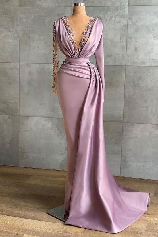 Simple Long V-neck Lace Mermaid Prom Dress with Sleeves-BIZTUNNEL