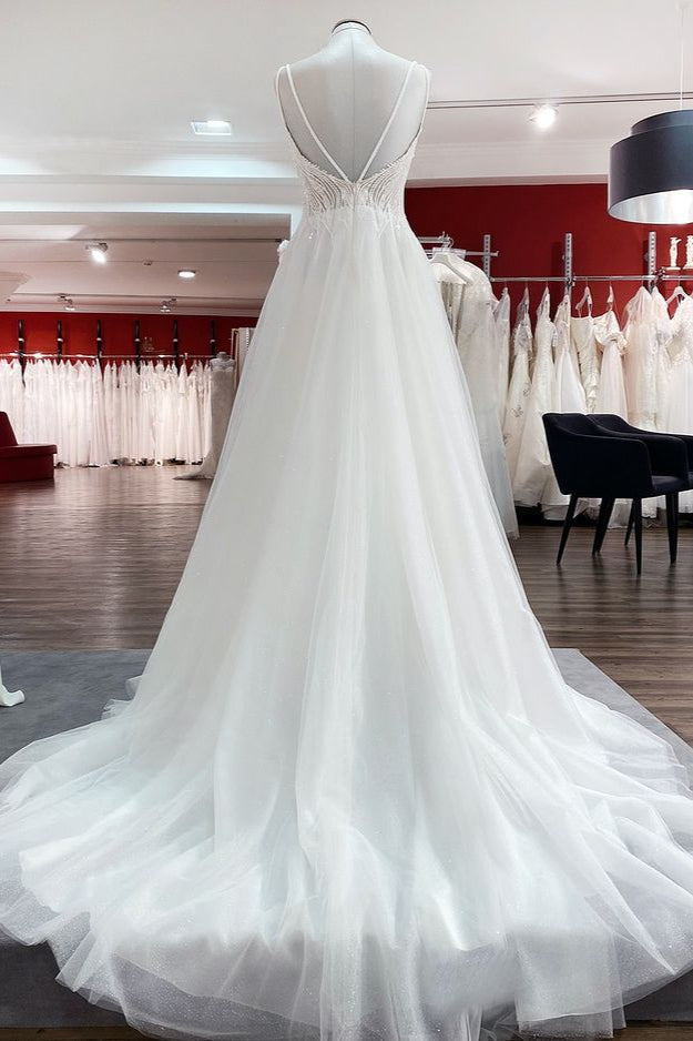 Simple Long V-neck Sequins Ruffles A-line Tulle Backless Wedding Dress-BIZTUNNEL