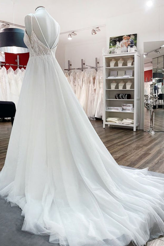 Simple Long V-neck Sequins Ruffles A-line Tulle Backless Wedding Dress-BIZTUNNEL