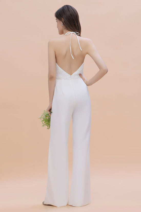 Charger l&amp;#39;image dans la galerie, Simple Long White Halter Jumpsuit With Slit Elegant Open Back Bridesmaid Dress-BIZTUNNEL
