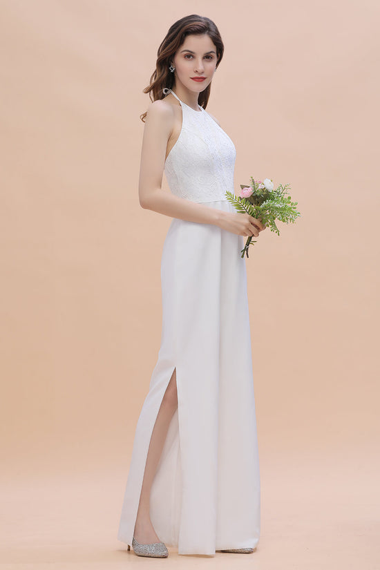 Charger l&amp;#39;image dans la galerie, Simple Long White Halter Jumpsuit With Slit Elegant Open Back Bridesmaid Dress-BIZTUNNEL

