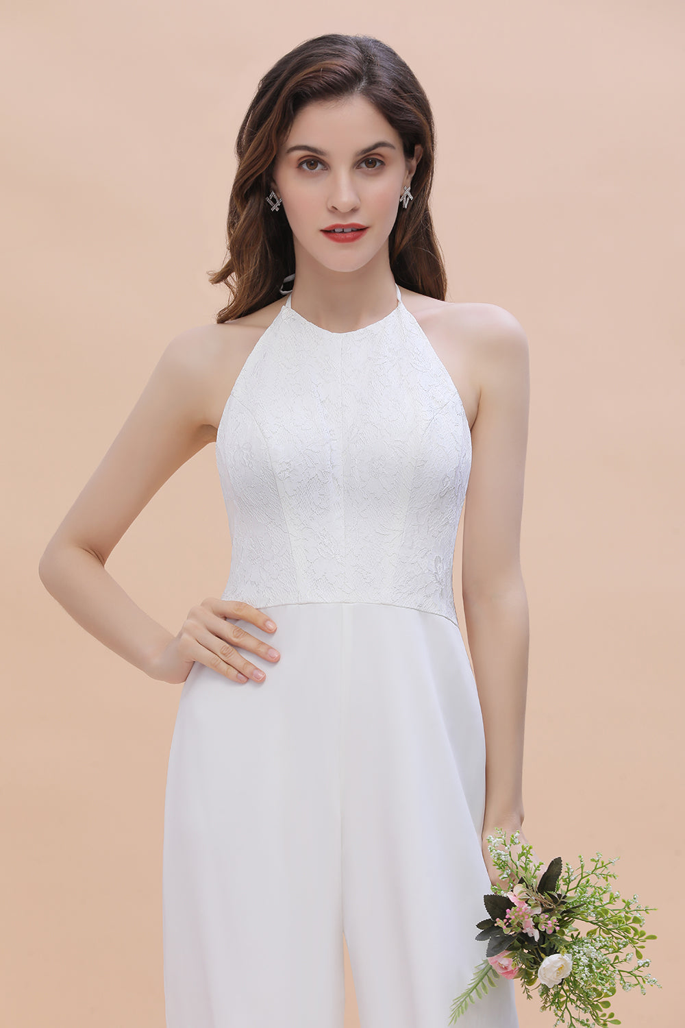 Simple Long White Halter Jumpsuit With Slit Elegant Open Back Bridesmaid Dress Simple Long White Halter Jumpsuit With Slit Elegant Open Back Bridesmaid Dress